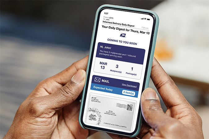 A smartphone showing a Informed Delivery Daily Digest email.
